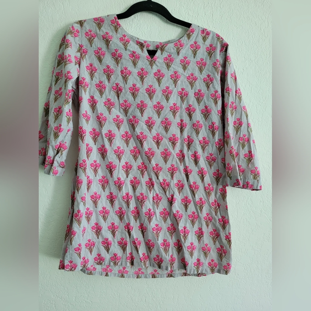 Pink meadow short Indian block print blouse | size s